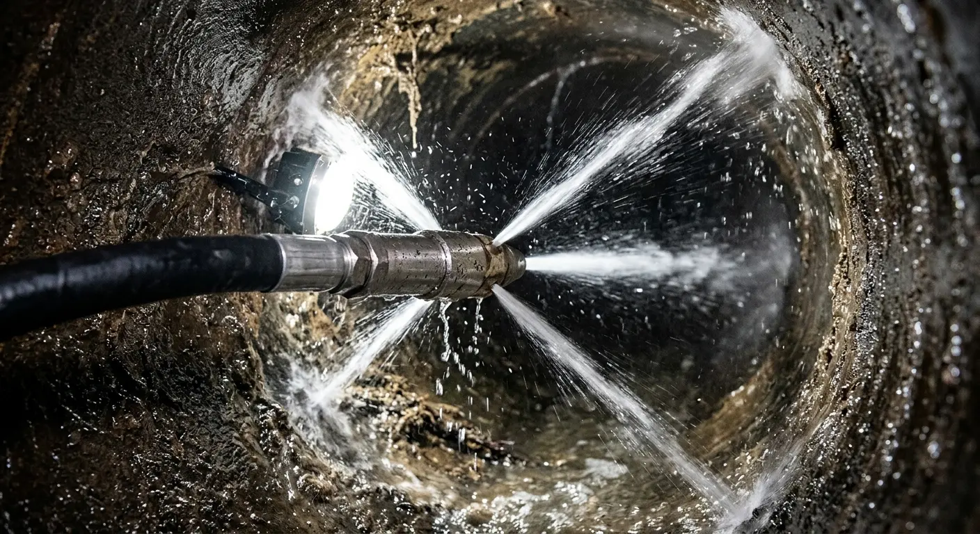 High-pressure hydro jetting nozzle cleaning sewer pipe for Trenchless Sewer Repair in Skippack