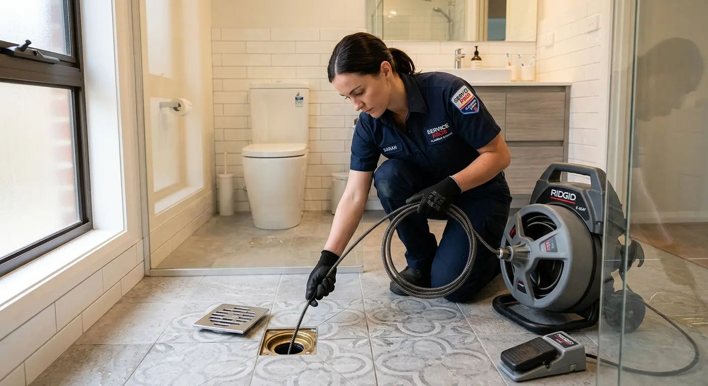 Technician clearing a bathroom floor drain for Sewer Line Replacement in Skippack